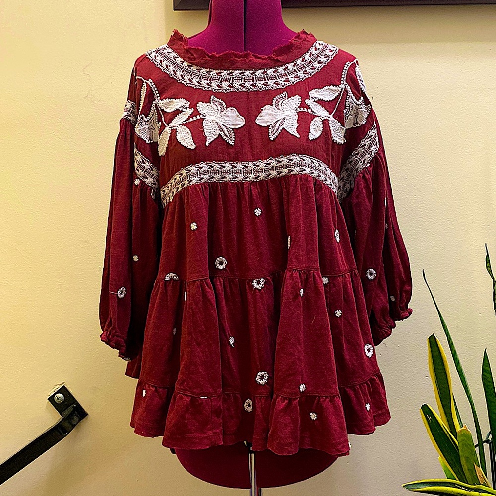 Free People Sweet Raisin Embroidered Tunic. Small.